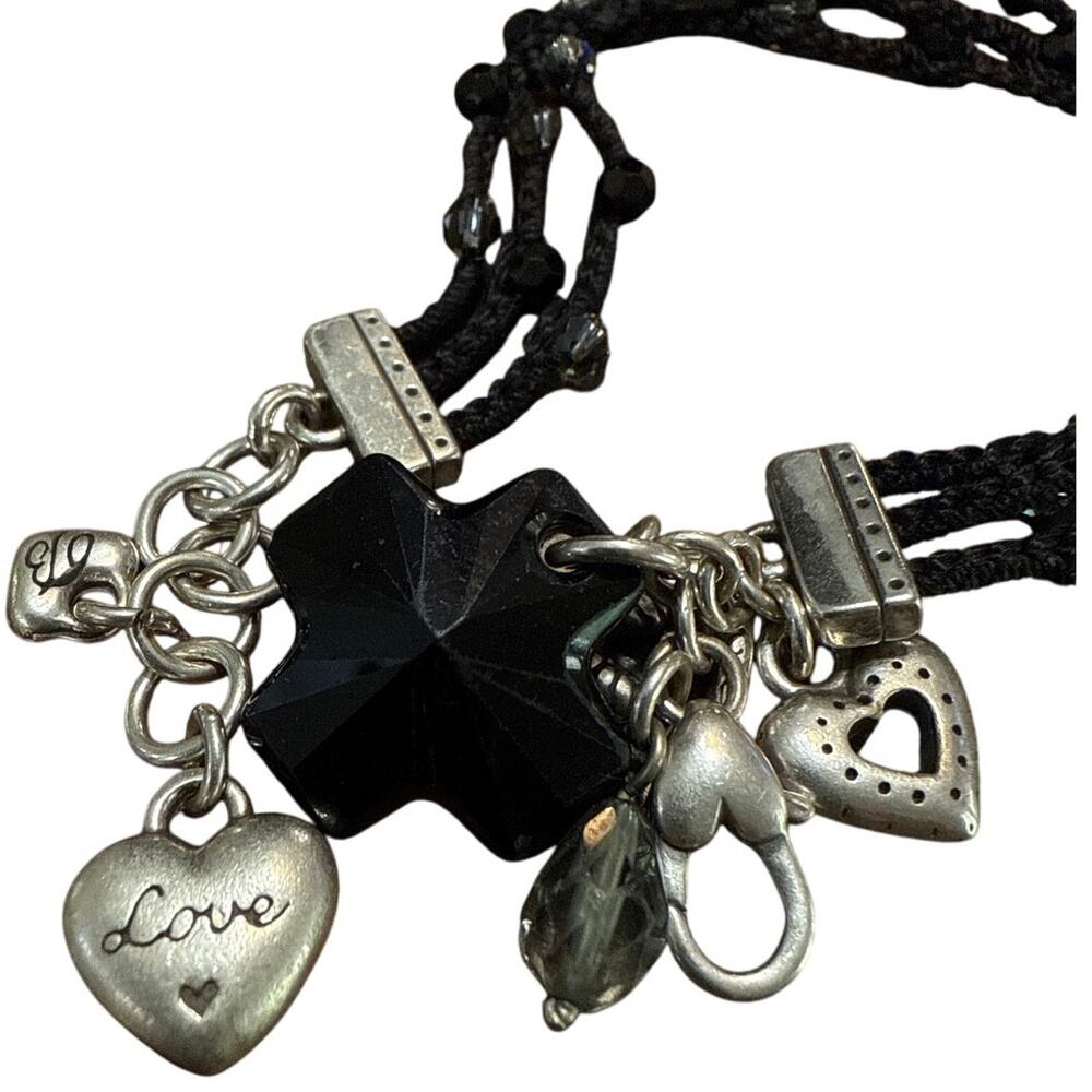 Brighton Karma Cross Hearts Black Cord Multi Strand Charm Bracelet 7-8"